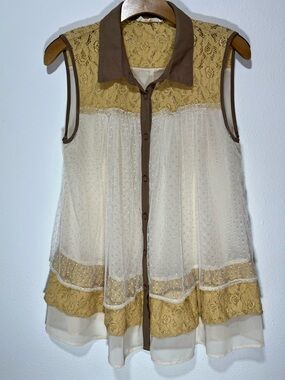 Ryu Lace & Sheer Sleeveless Blouse - Cream and Mustard